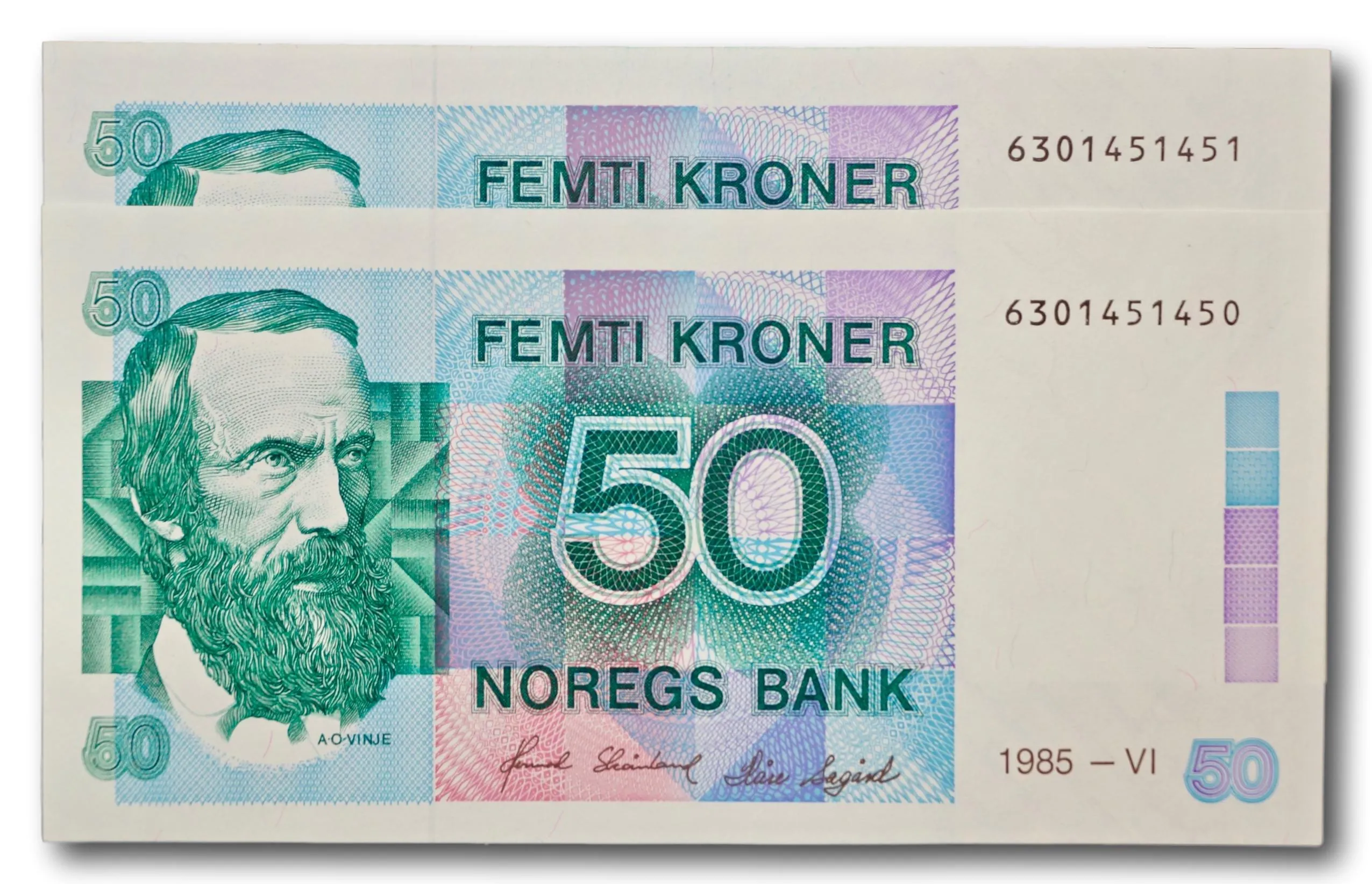 2 x 50 kroner 1985 (nummerrekkefølge!)