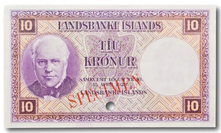 Island, 10 krónur SPECIMEN 1928