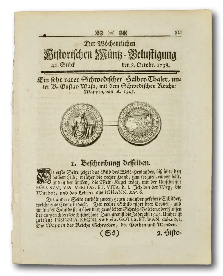 Article on a Thaler from King Gustav Wasa of Sweden (1738)