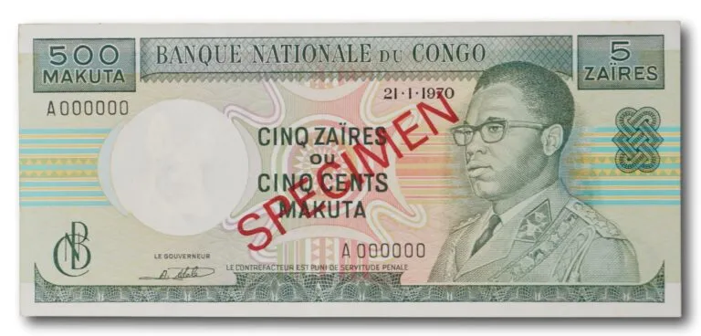 Congo, 5 zaïres / 500 makuta 1970 SPECIMEN