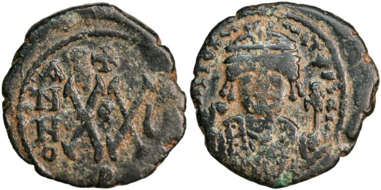 1/2 follis fra keiser Tiberius II Konstantin (578-585 e. Kr.)