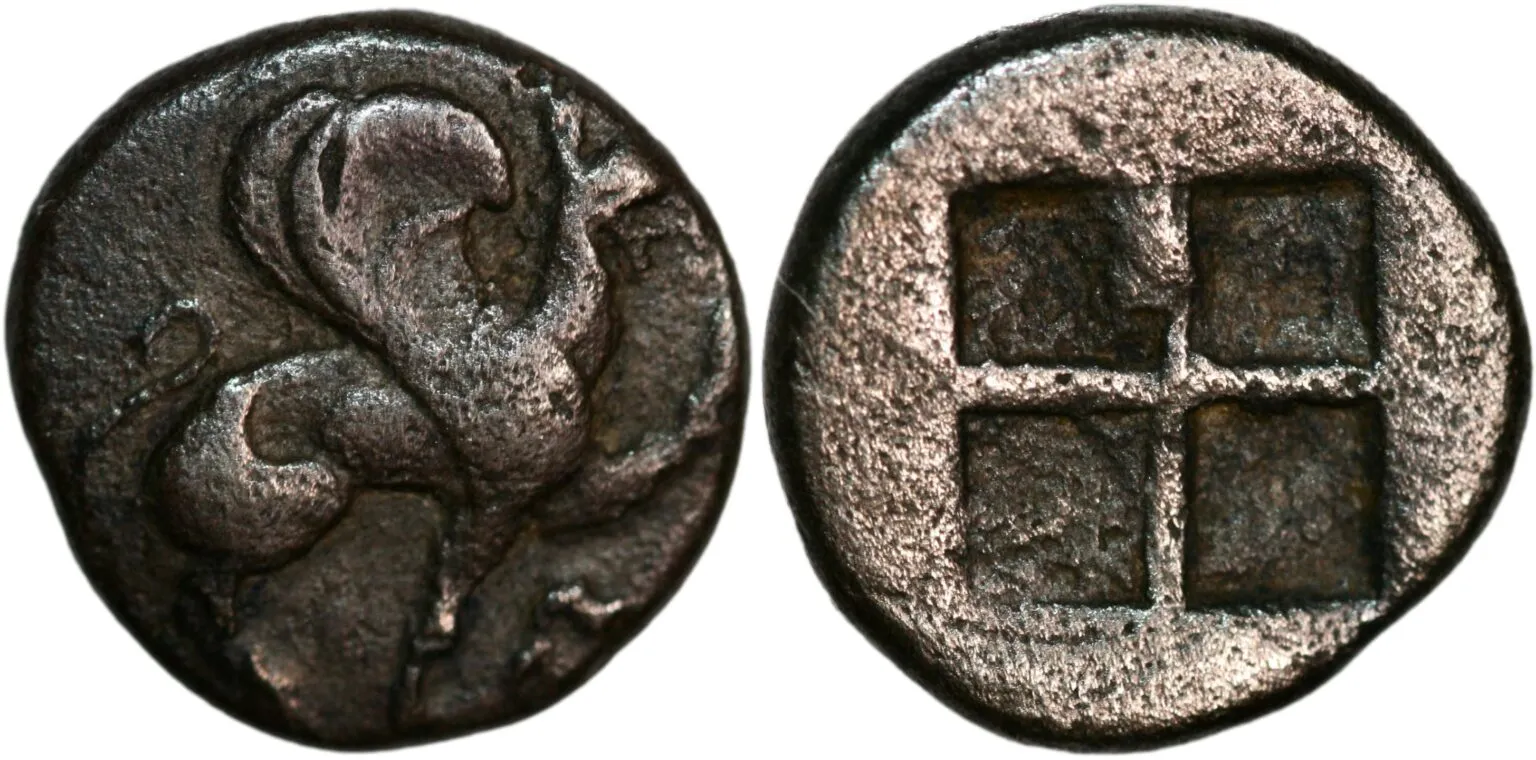 Trihemiobol fra Teos i Jonia (ca. 500-450 f. Kr.)