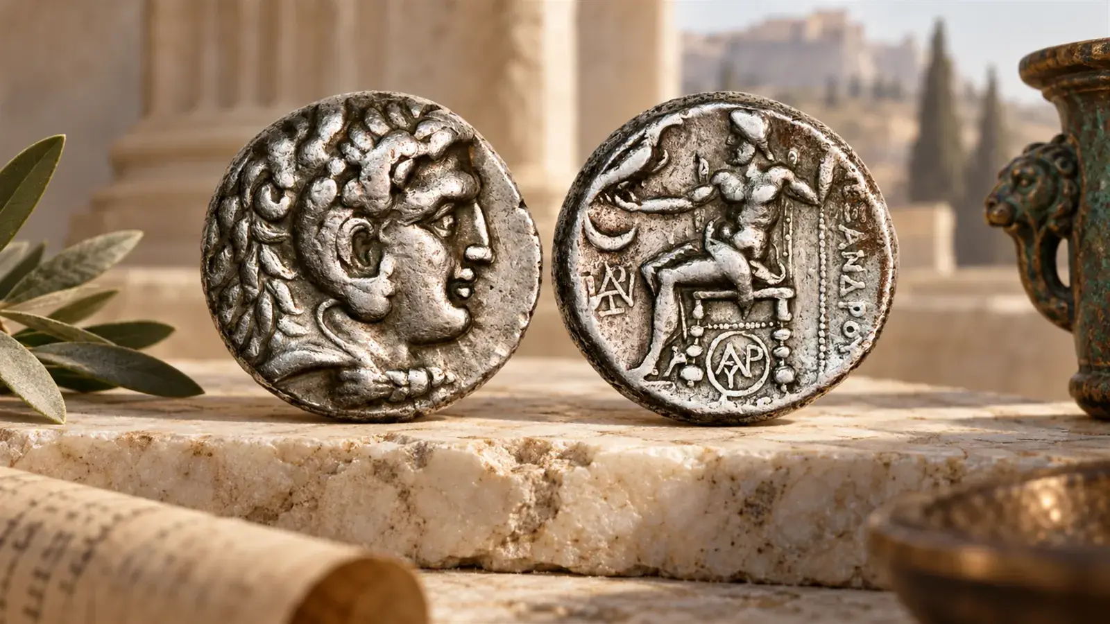 Alexander the Great coin: silver tetradrachm with Herakles and seated Zeus