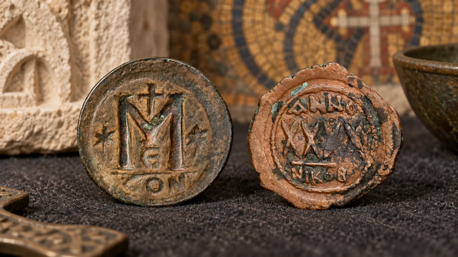 Byzantine coins: two bronze folles with the large M and the dating XXX