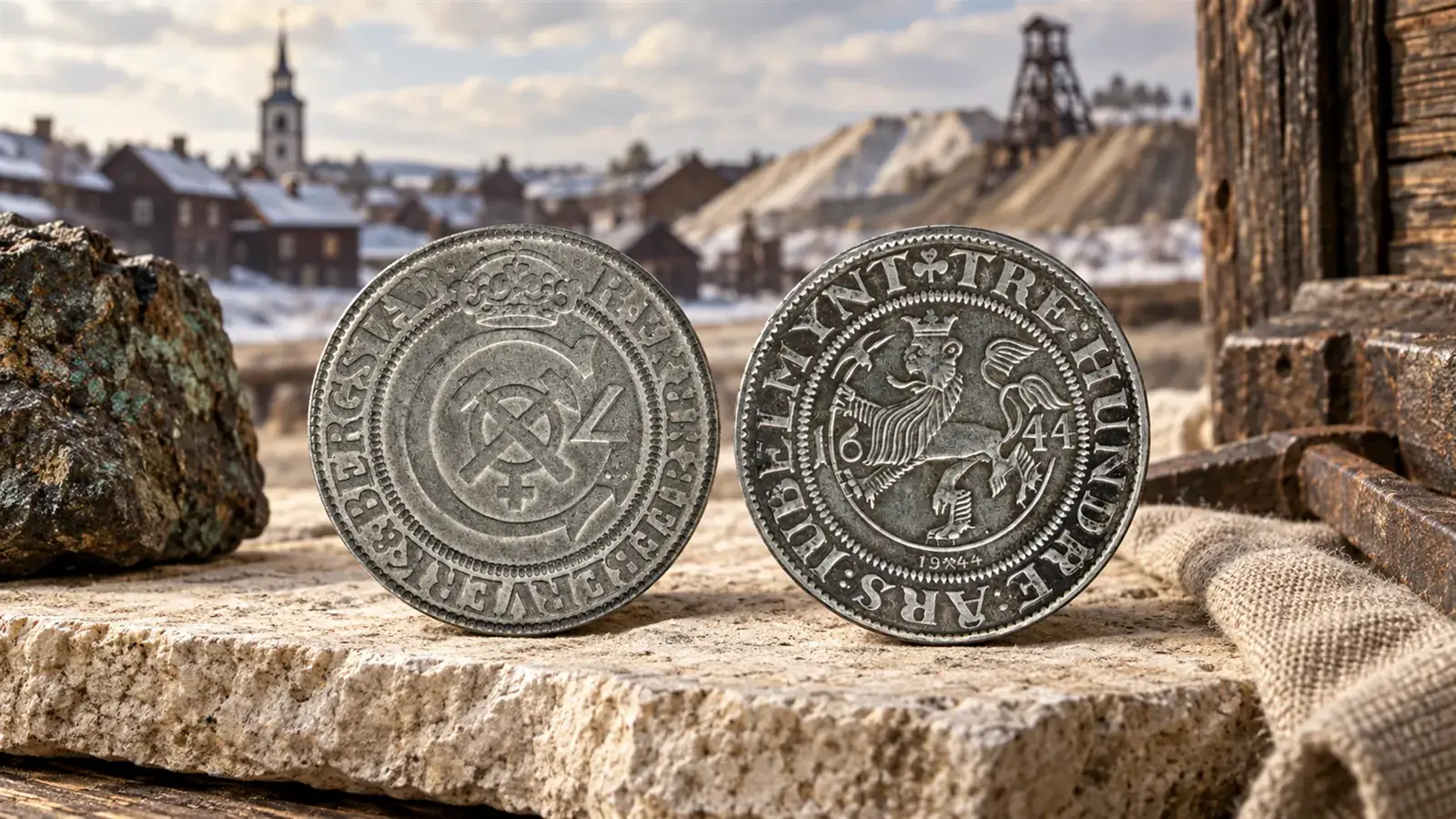 Røros medal 1944: Falck-Muus' Bergstadsmedalje 1944, obverse and reverse