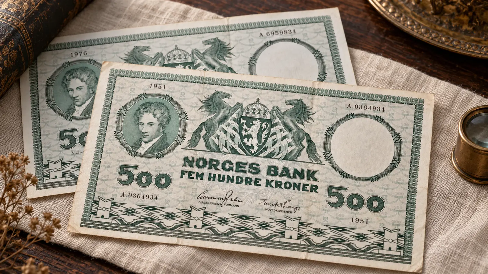 Old Norwegian banknotes: two green 500-krone notes from Norges Bank