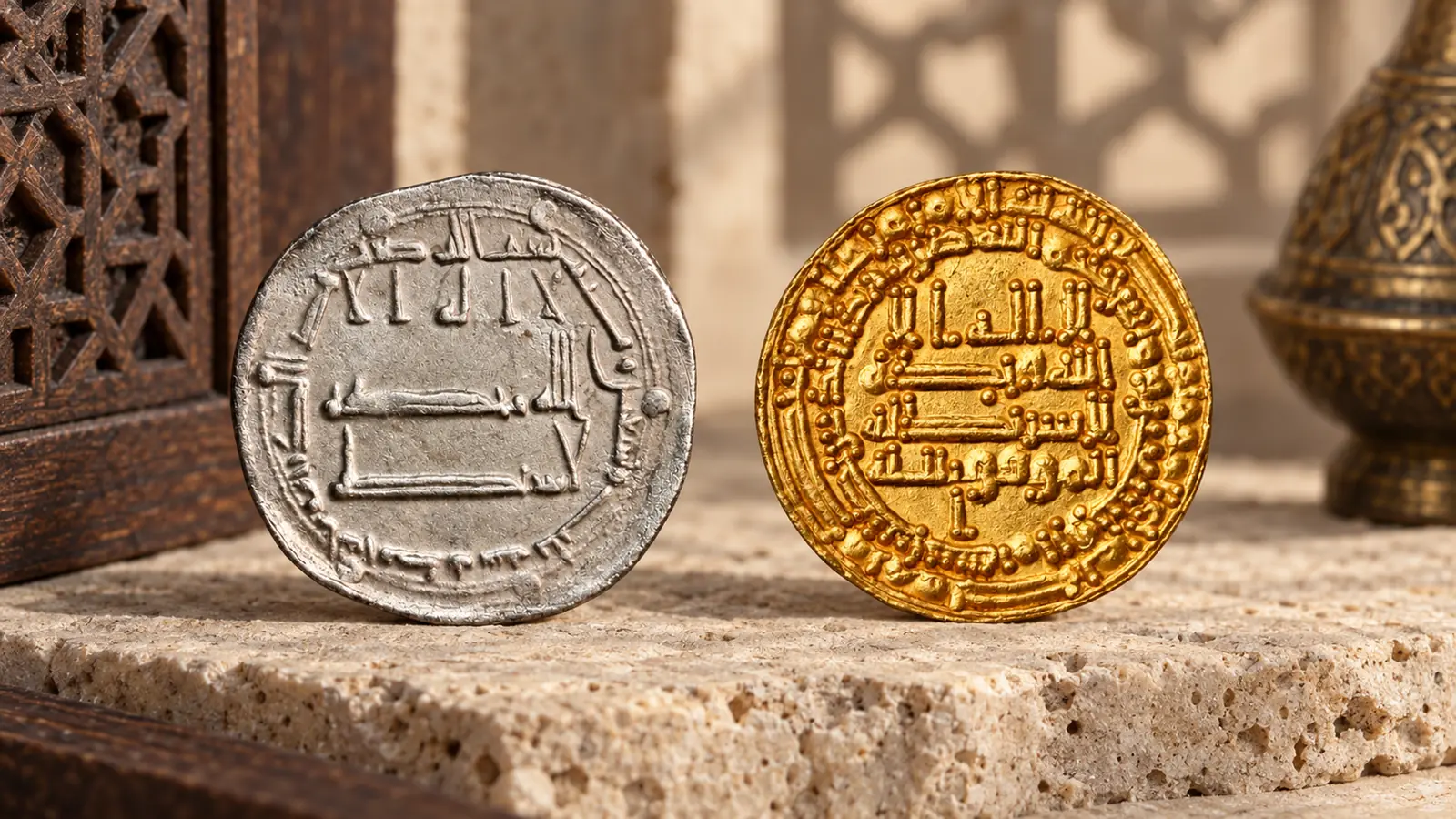 Islamic coins: a silver dirham and a gold dinar with Arabic inscriptions