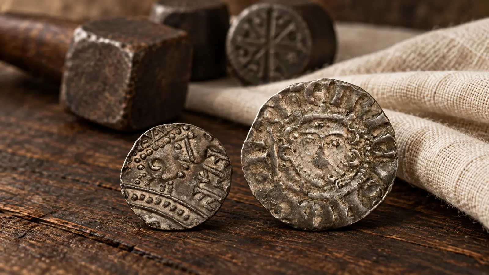 Medieval coins: two hammered silver pennies beside coin dies and a hammer
