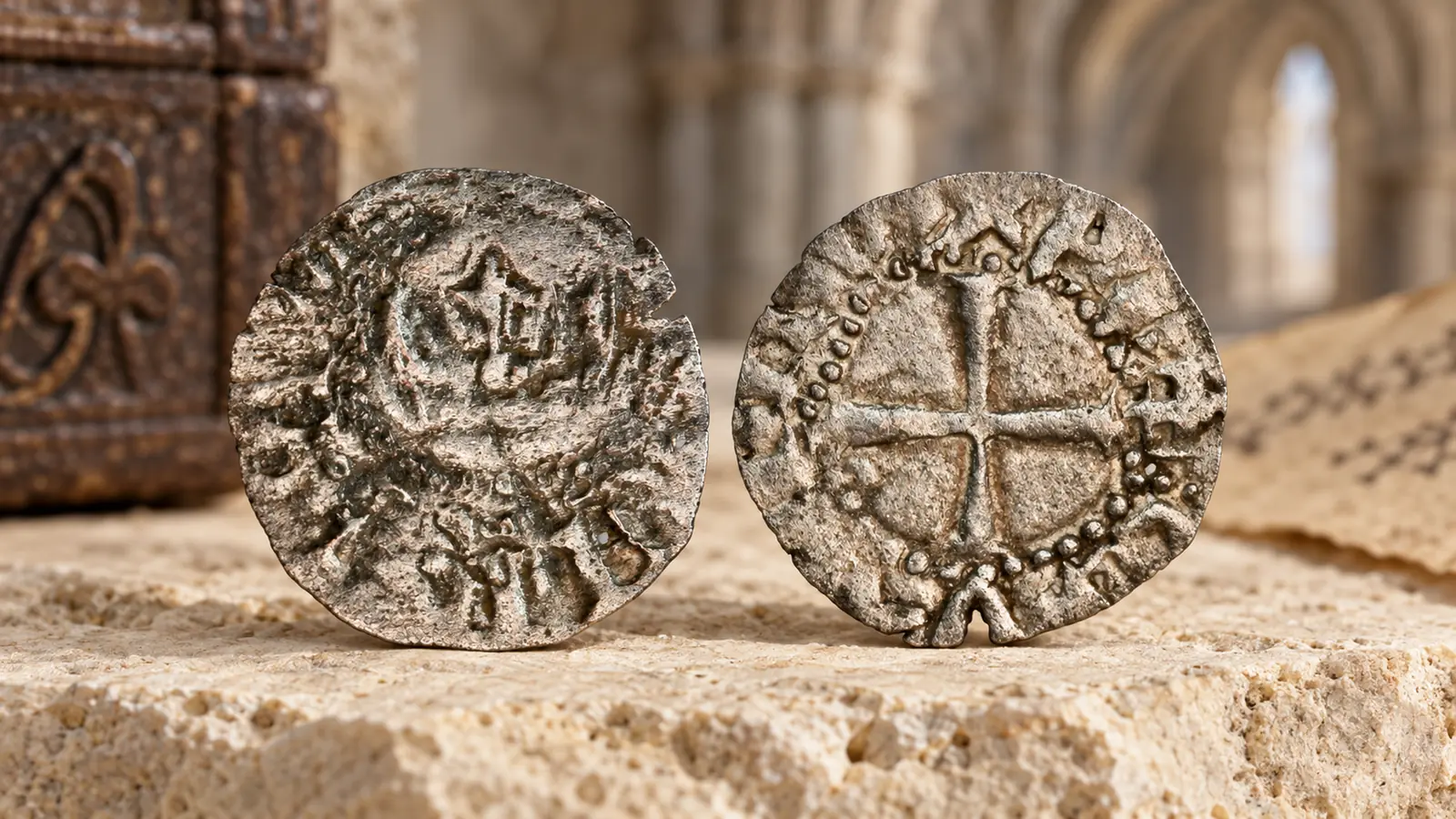 Norwegian medieval coins: two worn silver pennies with crowned head and cross