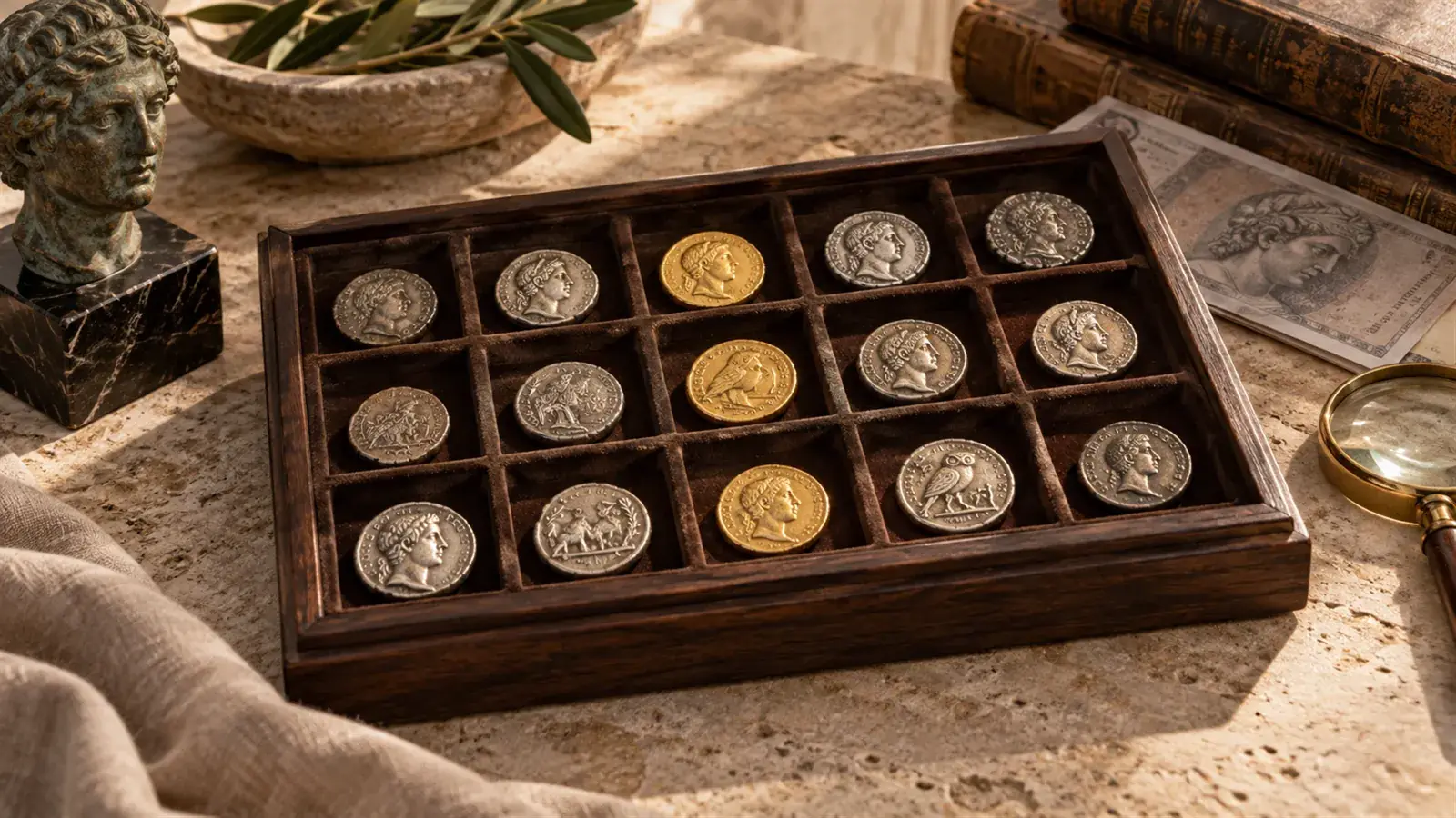 Online coin auction: Tray of silver and gold coins in a wooden case