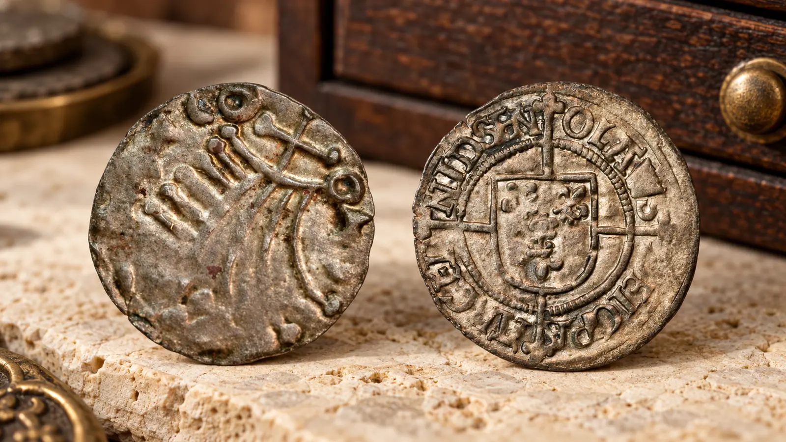 Rare Norwegian coins: a medieval penny and an archbishop's skilling with coat of arms