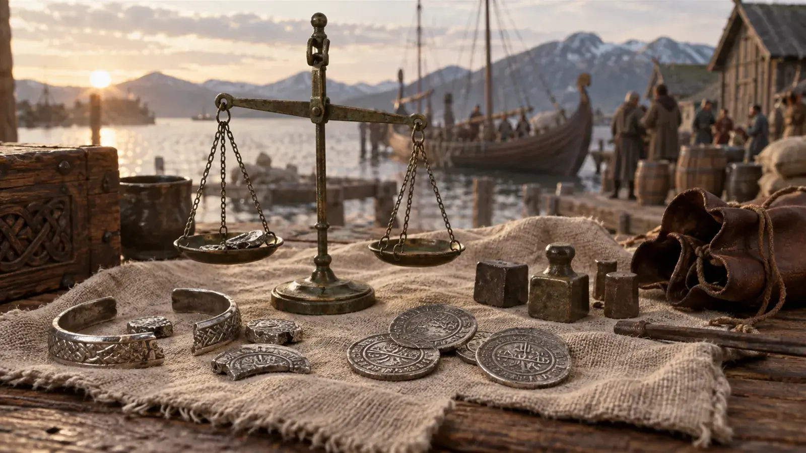 Viking coins, hacksilver and weights with scales in a Viking harbour